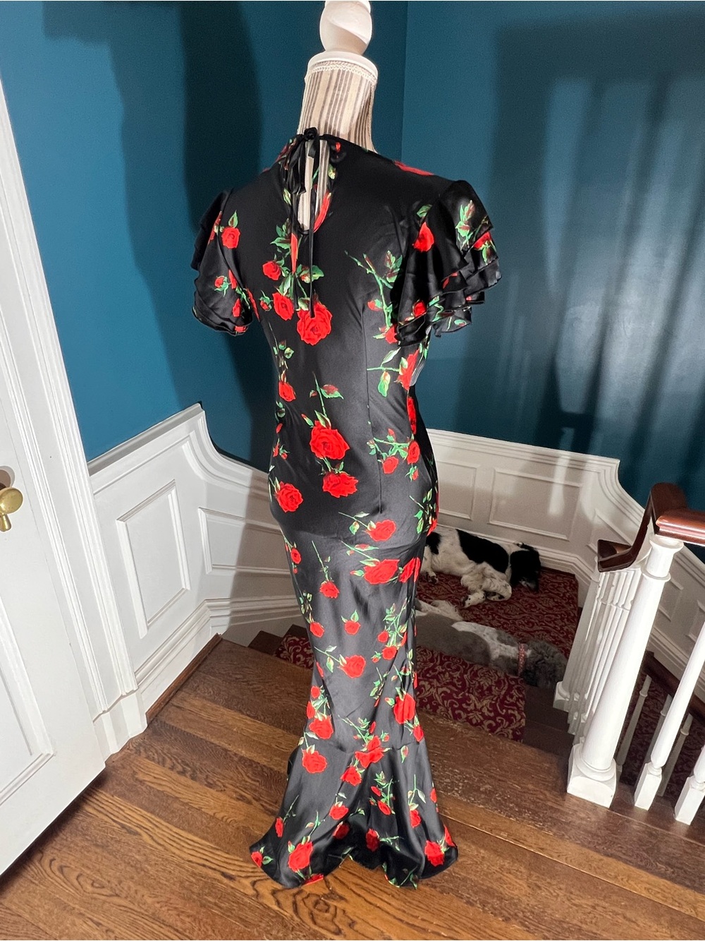 Black Floral V-Neck Mermaid Dress with Red Rose Print mermaid size 6 long D438 - Picture 10 of 14